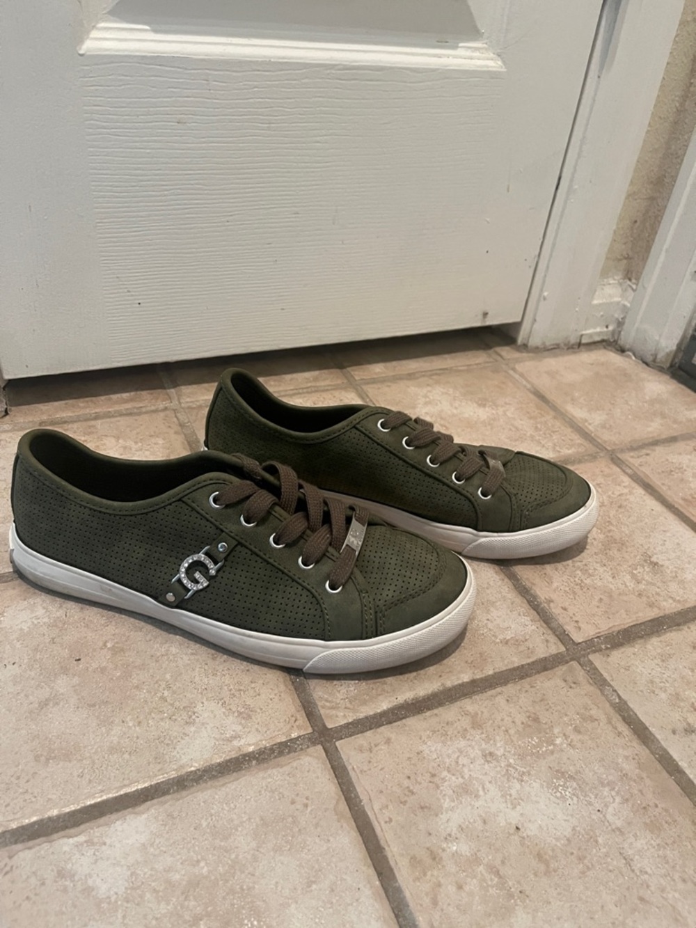 G by Guess Olive Green Perforated Low-Top Sneakers with White Sole